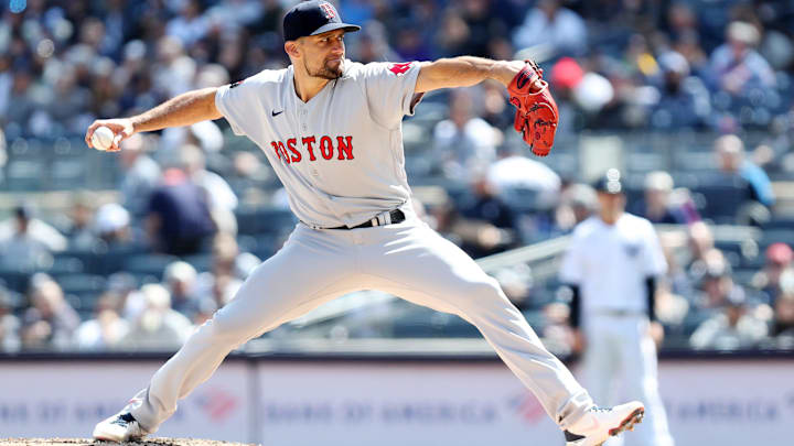 Red Sox pitcher Nathan Eovaldi pitching against the Yankees during opening day action at Yankee Red Sox pitcher Nathan Eovaldi pitching against the Yankees during opening day action at Yankee