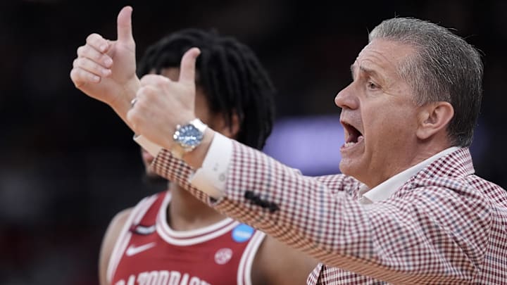 Arkansas Razorbacks coach John Calipari during the first half of a second round men’s NCAA Tournament game against the St. John's Red Storm at Amica Mutual Pavilion.