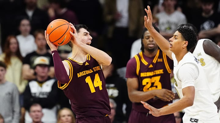 Feb 7, 2026; Boulder, Colorado, USA; Colorado Buffaloes guard Jalin Holland (11) defends on Arizona State Sun Devils forward Andrija Grbovic (14) in the second half at the CU Events Center. Mandatory Credit: Ron Chenoy-Imagn Images Feb 7, 2026; Boulder, Colorado, USA; Colorado Buffaloes guard Jalin Holland (11) defends on Arizona State Sun Devils forward Andrija Grbovic (14) in the second half at the CU Events Center. Mandatory Credit: Ron Chenoy-Imagn Images