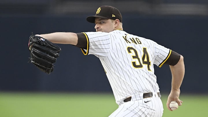 San Diego Padres starting pitcher Michael King (34) delivers during a September 27, 2025 game San Diego Padres starting pitcher Michael King (34) delivers during a September 27, 2025 game