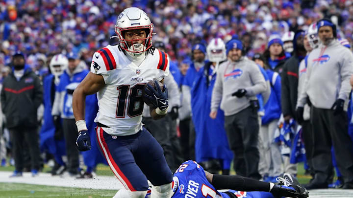 Jan 8, 2023; Orchard Park, New York, USA; New England Patriots wide receiver Jakobi Meyers (16) runs