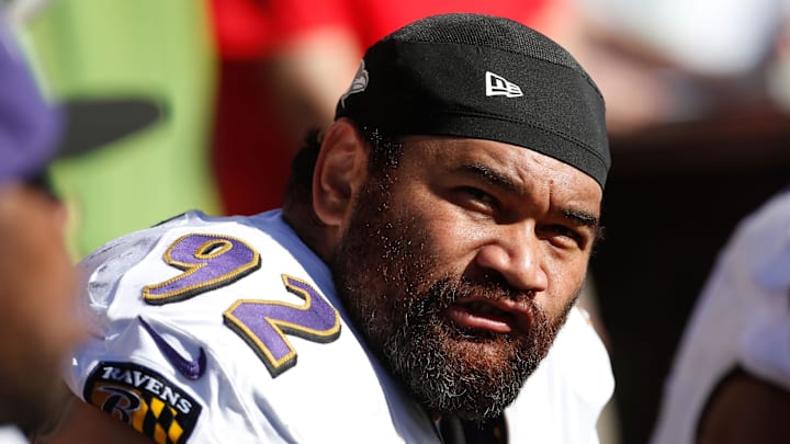 Oct 26, 2014; Cincinnati, OH, USA; Baltimore Ravens nose tackle Haloti Ngata (92) against the Cincinnati Bengals at Paul Brown Stadium. The Bengals won 27-24. Mandatory Credit: Aaron Doster-Imagn Images