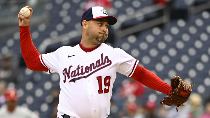 Oct 1, 2022; Washington, District of Columbia, USA; Washington Nationals starting pitcher Anibal Sanchez (19) throws to the Philadelphia Phillies during the first inning at Nationals Park.