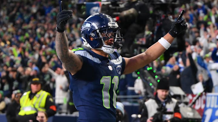 Seattle Seahawks wide receiver Jaxon Smith-Njigba celebrates after scoring a touchdown against the Los Angeles Rams.