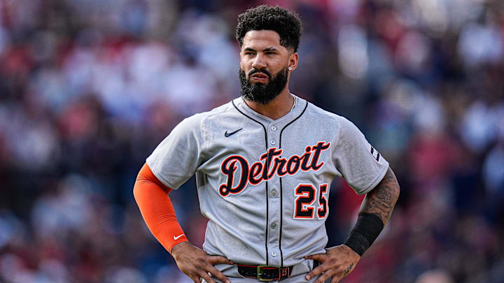Detroit Tigers second base Gleyber Torres (25) reacts after a play against Cleveland Guardians after top of third inning of Game 3 of AL wild-card series at Progressive Field in Cleveland on Thursday, Oct. 2, 2025.