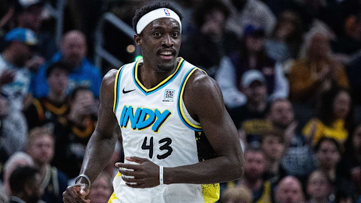 Jan 4, 2025; Indianapolis, Indiana, USA;  Indiana Pacers forward Pascal Siakam (43) reacts in the first half against the Phoenix Suns at Gainbridge Fieldhouse. Mandatory Credit: Trevor Ruszkowski-Imagn Images