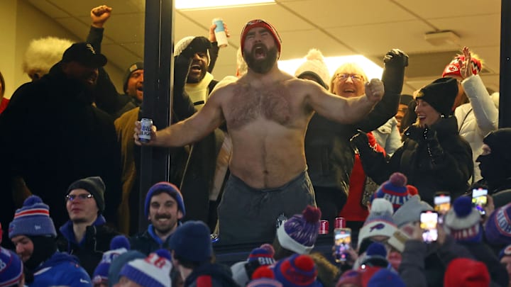 Jan 21, 2024; Orchard Park, New York, USA; Jason Kelce reacts after the Kansas City Chiefs score