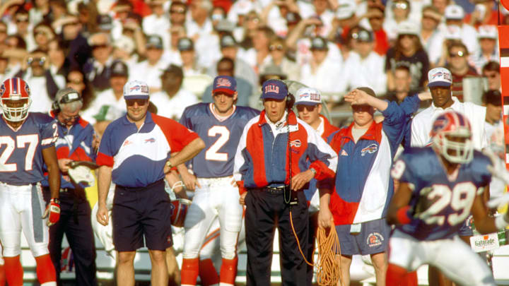 Jan 31, 1993; Pasadena, CA, USA; FILE PHOTO; Buffalo Bills head coach Marv Levy on the sidelines during Super Bowl XXVII against the Dallas Cowboys at the Rose Bowl. The Cowboys defeated the Bills 52-17.  Mandatory Credit: Photo By Imagn Images
