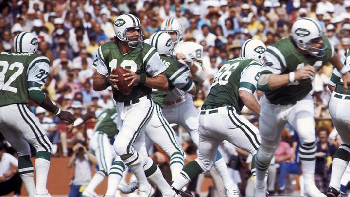 Nov 19, 1972; Miami, FL, USA; FILE PHOTO; New York Jets quarterback Joe Namath (12) in action against the Miami Dolphins at the Orange Bowl. The Dolphins defeated the Jets 28-24. Nov 19, 1972; Miami, FL, USA; FILE PHOTO; New York Jets quarterback Joe Namath (12) in action against the Miami Dolphins at the Orange Bowl. The Dolphins defeated the Jets 28-24.