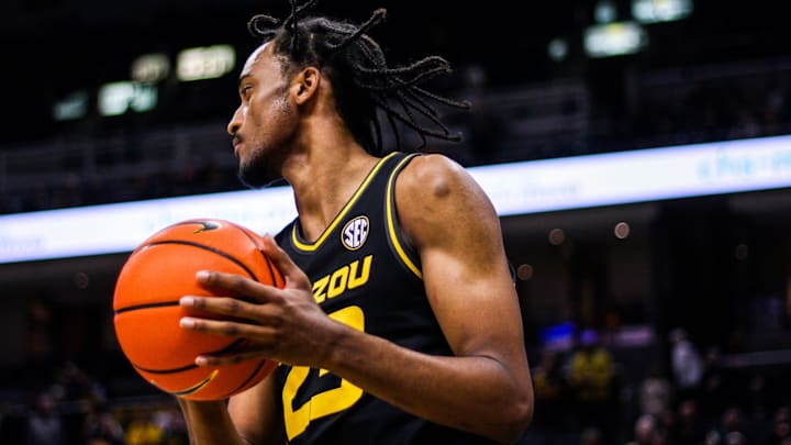 Missouri forward Aidan Shaw looks to pass during a college basketball game against Ole Miss at Mizzou Arena on Mar. 2, 2024, in Columbia, Mo.