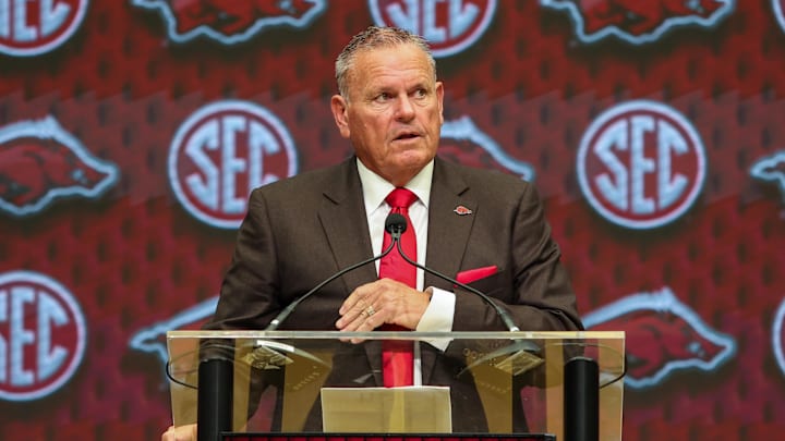 Jul 17, 2025; Atlanta, GA, USA; Arkansas Razorbacks head coach Sam Pittman talks to the media during the SEC Media Days at Omni Atlanta Hotel. Mandatory Credit: Jordan Godfree-Imagn Images