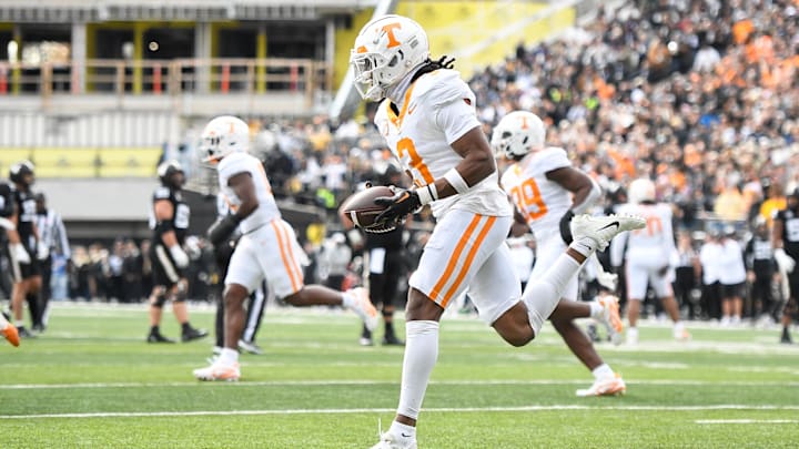 Nov 30, 2024; Nashville, Tennessee, USA;  Tennessee Volunteers defensive back Jermod McCoy (3) celebrates the interception against the Vanderbilt Commodores during the first half at FirstBank Stadium. Mandatory Credit: Steve Roberts-Imagn Images