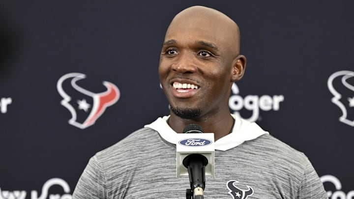 Jun 10, 2025; Houston, TX, USA; Houston Texans head coach DeMeco Ryans speaks during a press conference after an NFL football minicamp at NRG Stadium. Mandatory Credit: Maria Lysaker-Imagn Images 