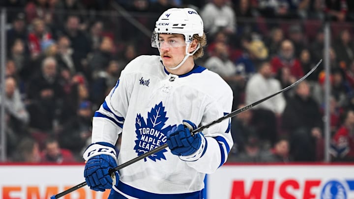 Jan 18, 2025; Montreal, Quebec, CAN; Toronto Maple Leafs center Bobby McMann (74) looks on against the Montreal Canadiens during the first period at Bell Centre. Mandatory Credit: David Kirouac-Imagn Images