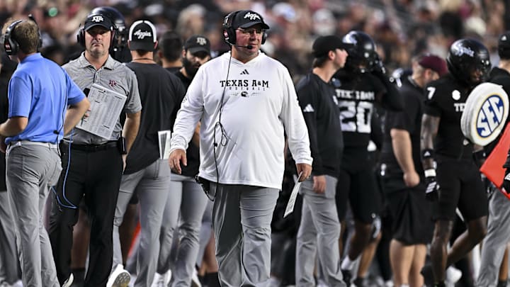 Texas A&M Aggies head coach Mike Elko looks on during the first half against the Mississippi State Bulldogs at Kyle Field. Mandatory Credit: Maria Lysaker-Imagn Images 