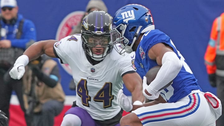 East Rutherford, NJ -- December 15, 2024 -- Marlon Humphrey of the Ravens lines up Darius Slayton of the Giants in the first half. The Baltimore Ravens came to MetLife Stadium to play the New York Giants.