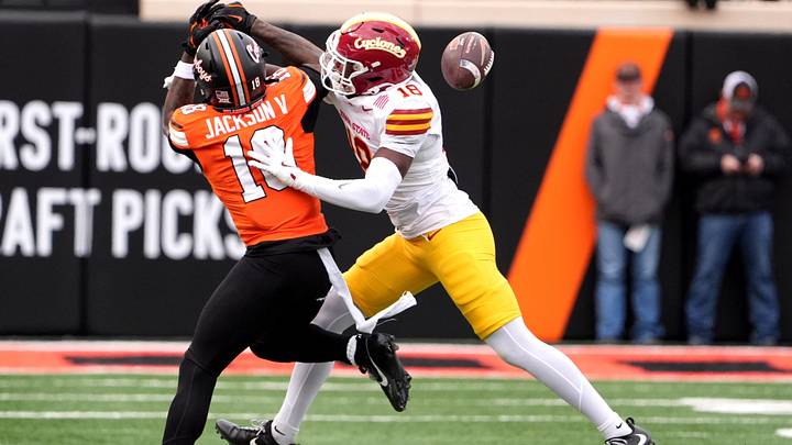 Iowa State's David Coffey (18) breaks up a pass intended for Oklahoma State's Sam Jackson V (18) in the first half of the college football game between the Oklahoma State Cowboys and the Iowa State Cyclones at Boone Pickens Stadium in Stillwater, Okla., Saturday Nov. 29, 2025. Iowa State's David Coffey (18) breaks up a pass intended for Oklahoma State's Sam Jackson V (18) in the first half of the college football game between the Oklahoma State Cowboys and the Iowa State Cyclones at Boone Pickens Stadium in Stillwater, Okla., Saturday Nov. 29, 2025.