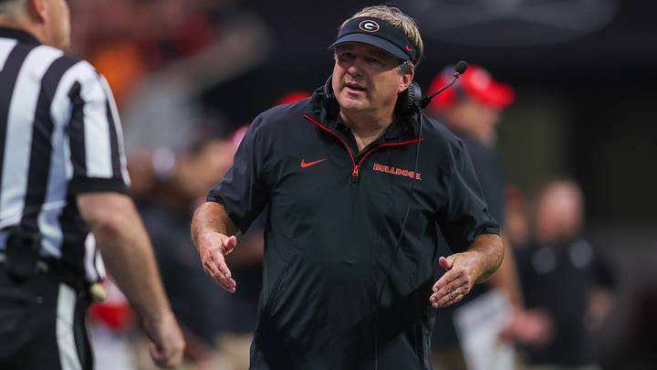 Aug 31, 2024; Atlanta, Georgia, USA; Georgia Bulldogs head coach Kirby Smart talks to a referee against the Clemson Tigers in the third quarter at Mercedes-Benz Stadium. Mandatory Credit: Brett Davis-USA TODAY Sports