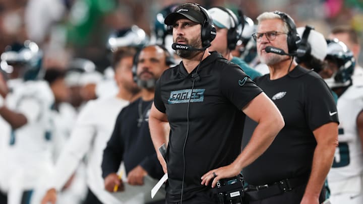 Aug 22, 2025; East Rutherford, New Jersey, USA;  Philadelphia Eagles head coach Nick Sirianni looks on during the second half against the New York Jets at MetLife Stadium. Mandatory Credit: Vincent Carchietta-Imagn Images