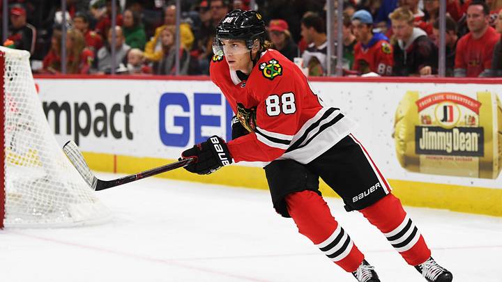 Sep 30, 2017; Chicago, IL, USA; Chicago Blackhawks right wing Patrick Kane (88) skates during a preseason game against the Boston Bruins at United Center. Blackhawks won 1-0. Mandatory Credit: Patrick Gorski-USA TODAY Sports