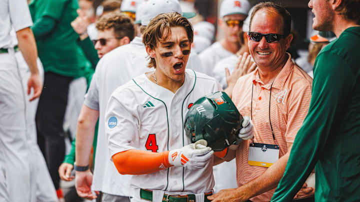 Miami's Jake Ogden After hitting home run in Super Regionals to give the Hurricanes a lead. 