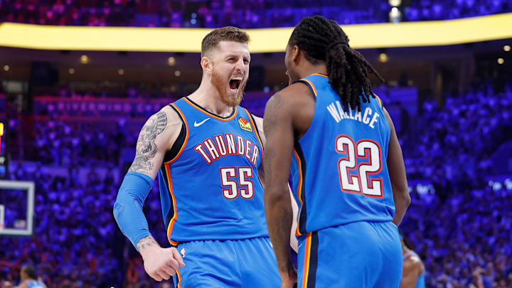 May 18, 2025; Oklahoma City, Oklahoma, USA; Oklahoma City Thunder center Isaiah Hartenstein (55) celebrates with guard Cason Wallace (22) after a basket against the Denver Nuggets in the second half during game seven of the second round for the 2025 NBA Playoffs at Paycom Center. Mandatory Credit: Alonzo Adams-Imagn Images May 18, 2025; Oklahoma City, Oklahoma, USA; Oklahoma City Thunder center Isaiah Hartenstein (55) celebrates with guard Cason Wallace (22) after a basket against the Denver Nuggets in the second half during game seven of the second round for the 2025 NBA Playoffs at Paycom Center. Mandatory Credit: Alonzo Adams-Imagn Images