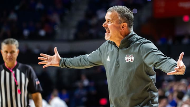 Mississippi State Bulldogs head coach Chris Jans reacts to a call in the first half. The Florida men
