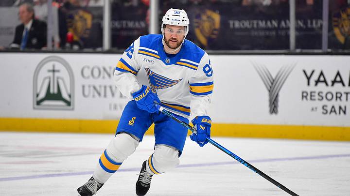 Apr 3, 2026; Anaheim, California, USA; St. Louis Blues left wing Jonathan Drouin (92) controls the puck against the Anaheim Ducks during the third period at Honda Center. Mandatory Credit: Gary A. Vasquez-Imagn Images