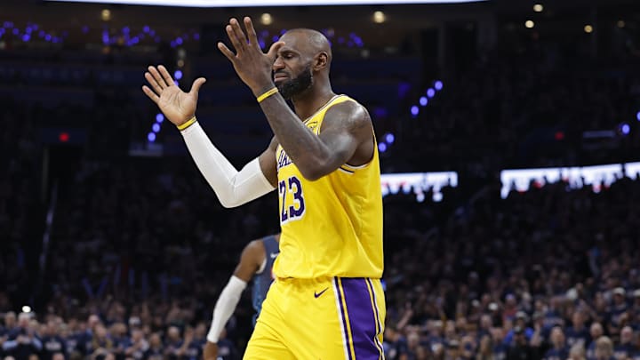 May 7, 2026; Oklahoma City, Oklahoma, USA; Los Angeles Lakers forward LeBron James (23) reacts after a play against the Oklahoma City Thunder in the second half during game two of the second round of the 2026 NBA Playoffs at Paycom Center. Mandatory Credit: Alonzo Adams-Imagn Images