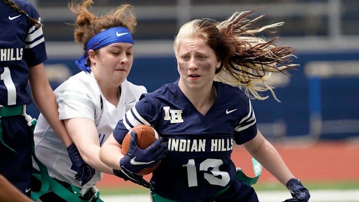 Indian Hills' Carly Spinella (13) rushes against Passaic Tech. The Indian Hills girls flag football team defeated Passaic Tech, 6-0, on Sunday, May 9, 2021, in Oakland.

Passaic Tech Indian Hills Girls Flag Football