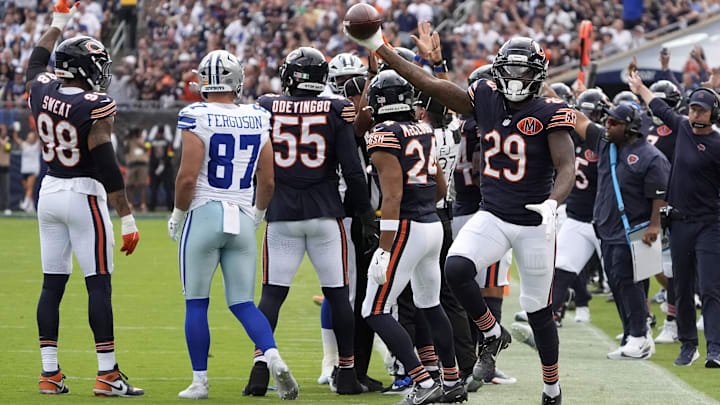 Tyrique Stevenson after stealing the ball against Dallas in Week 3. His return from a shoulder injury comes at good time.