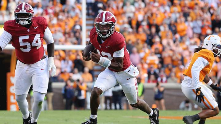 Oct 17, 2026; Knoxville, Tennessee, USA; Alabama Crimson Tide quarterback Keelon Russell (12) runs against the Tennessee Volunteers during the first half at Neyland Stadium. Mandatory Credit: Randy Sartin-Imagn Images Oct 17, 2026; Knoxville, Tennessee, USA; Alabama Crimson Tide quarterback Keelon Russell (12) runs against the Tennessee Volunteers during the first half at Neyland Stadium. Mandatory Credit: Randy Sartin-Imagn Images
