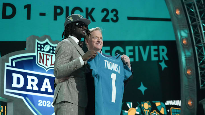 Apr 25, 2024; Detroit, MI, USA; LSU Tigers wide receiver Brian Thomas Jr. poses with NFL