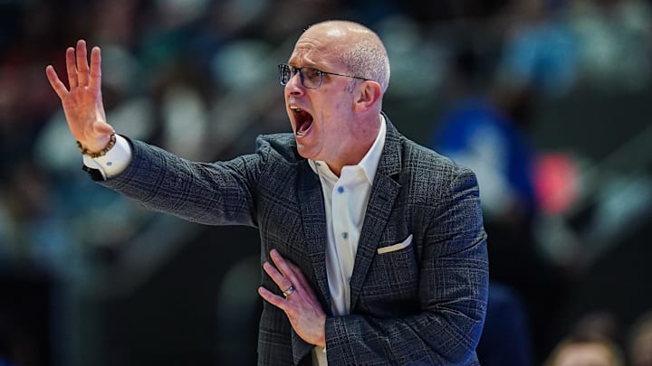 Jan 10, 2026; Hartford, Connecticut, USA; UConn Huskies head coach Dan Hurley watches from the sideline as they take on the DePaul Blue Demons at PeoplesBank Arena. Mandatory Credit: David Butler II-Imagn Images