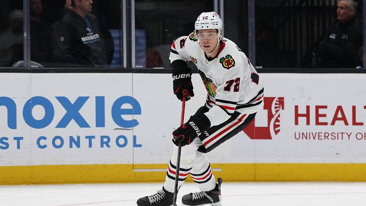 Mar 12, 2026; Salt Lake City, Utah, USA; Chicago Blackhawks defenseman Alex Vlasic (72) skates with the puck against the Utah Mammoth during the second period at Delta Center. Mandatory Credit: Rob Gray-Imagn Images