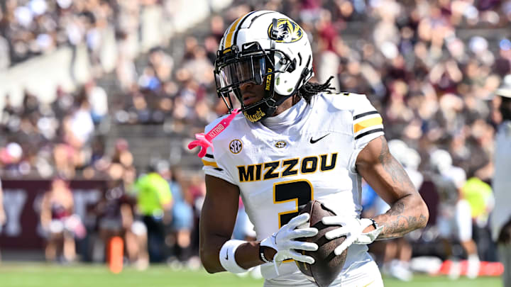 Oct 5, 2024; College Station, Texas, USA; Missouri Tigers wide receiver Luther Burden III (3) warms up prior to the against the Texas A&M Aggies at Kyle Field. Mandatory Credit: Maria Lysaker-Imagn Images. 