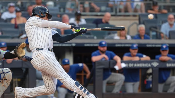 Aug 4, 2024; Bronx, New York, USA; New York Yankees right fielder Juan Soto (22) double during the eighth inning against the Toronto Blue Jays at Yankee Stadium. Mandatory Credit: Vincent Carchietta-USA TODAY Sports Aug 4, 2024; Bronx, New York, USA; New York Yankees right fielder Juan Soto (22) double during the eighth inning against the Toronto Blue Jays at Yankee Stadium. Mandatory Credit: Vincent Carchietta-USA TODAY Sports