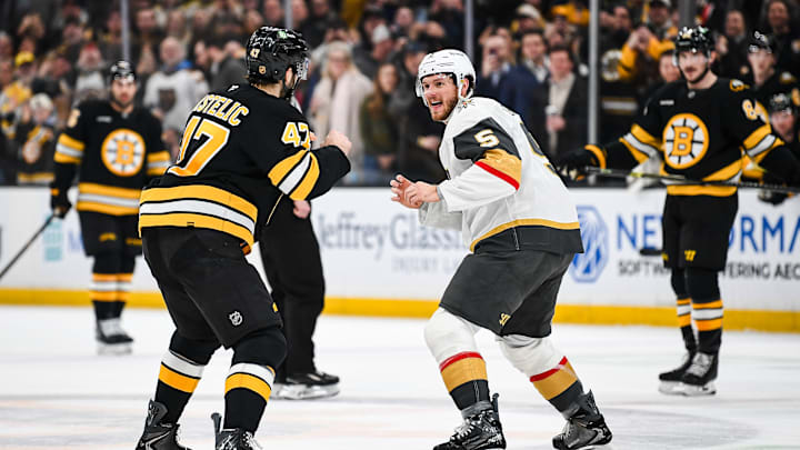 Mark Kastelic and Jeremy Lauzon square off in the first period Mark Kastelic and Jeremy Lauzon square off in the first period