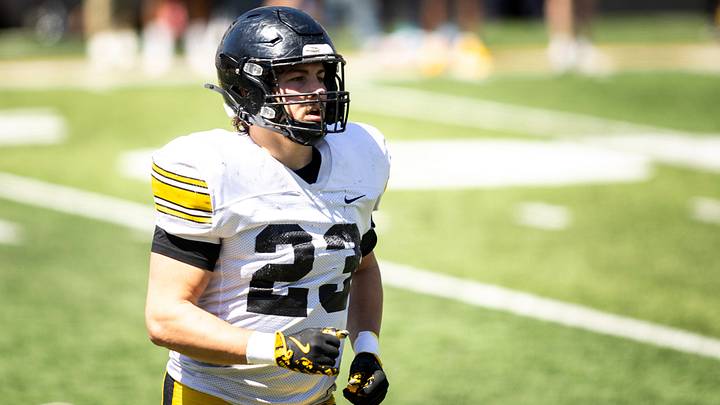 Apr 26, 2025; Iowa City, IA, USA; Iowa linebacker Landyn Van Kekerix (23) gets set during a spring NCAA football open practice at Kinnick Stadium. Mandatory Credit: Joseph Cress/For the Register