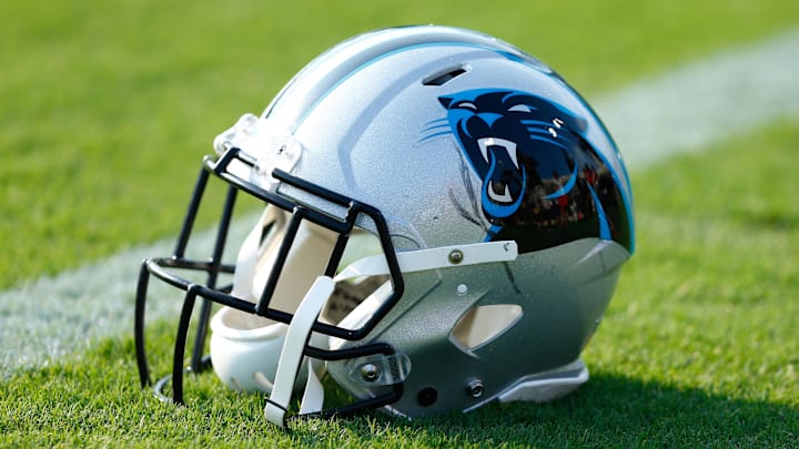 Jul 26, 2017; Spartanburg, SC, USA; A Carolina Panthers helmet lays on the field during training camp held at Wofford College. Mandatory Credit: Jeremy Brevard-Imagn Images