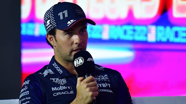 Nov 15, 2023; Las Vegas, Nevada, USA; Red Bull Racing driver Sergio Perez of Mexico during media Nov 15, 2023; Las Vegas, Nevada, USA; Red Bull Racing driver Sergio Perez of Mexico during media