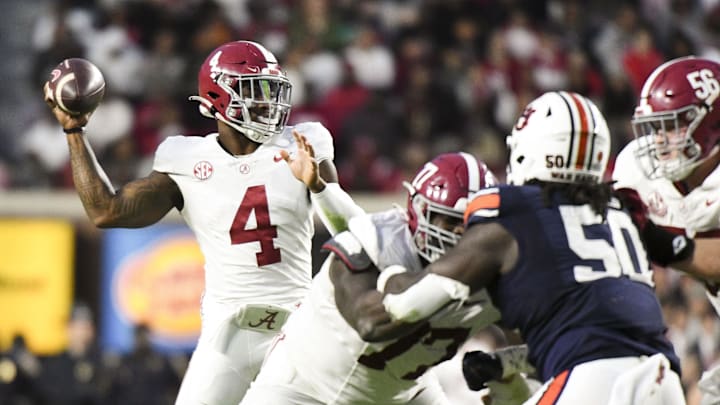 Nov 25, 2023; Auburn, Alabama, USA; Alabama Crimson Tide quarterback Jalen Milroe (4) throws a pass against the Auburn Tigers at Jordan-Hare Stadium. Alabama won 27-24. Mandatory Credit: Gary Cosby Jr.-Imagn Images Nov 25, 2023; Auburn, Alabama, USA; Alabama Crimson Tide quarterback Jalen Milroe (4) throws a pass against the Auburn Tigers at Jordan-Hare Stadium. Alabama won 27-24. Mandatory Credit: Gary Cosby Jr.-Imagn Images