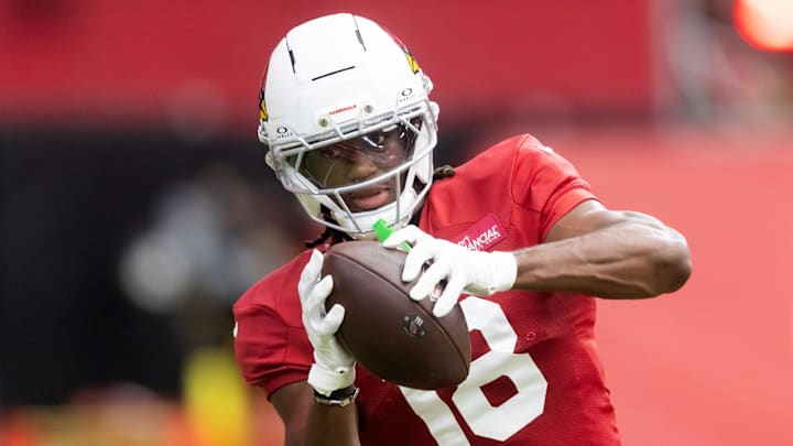 Jul 29, 2025; Glendale, AZ, USA; Arizona Cardinals wide receiver Marvin Harrison Jr. (18) during training camp at State Farm Stadium. Mandatory Credit: Mark J. Rebilas-Imagn Images