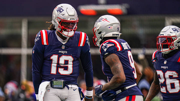 Jan 5, 2025; Foxborough, Massachusetts, USA; New England Patriots quarterback Joe Milton III (19) reacts after his touchdown pass against the Buffalo Bills in the first half at Gillette Stadium.