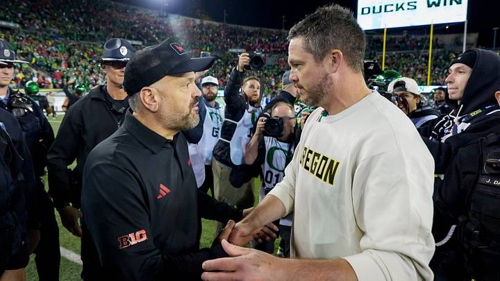 Oregon Ducks head coach Dan Lanning, right, and Nebraska Cornhuskers head coach Matt Rhule shake hands as the Oregon Ducks host the Nebraska Cornhuskers on Oct. 17, 2026, at Autzen Stadium in Eugene, Oregon.