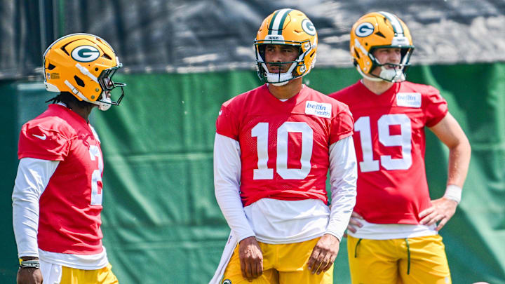 Jun 11, 2025; Green Bay, WI, USA;  Green Bay Packers quarterback Jordan Love (10) and quarterback Taylor Elgersma (19) participates in the team's minicamp at Ray Nitschke Field. Mandatory Credit: Benny Sieu-Imagn Images