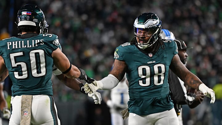 Nov 16, 2025; Philadelphia, Pennsylvania, USA; Philadelphia Eagles defensive tackle Jalen Carter (98) celebrates a stop with linebacker Jaelan Phillips (50) against the Detroit Lions at Lincoln Financial Field. Mandatory Credit: Eric Hartline-Imagn Images Nov 16, 2025; Philadelphia, Pennsylvania, USA; Philadelphia Eagles defensive tackle Jalen Carter (98) celebrates a stop with linebacker Jaelan Phillips (50) against the Detroit Lions at Lincoln Financial Field. Mandatory Credit: Eric Hartline-Imagn Images