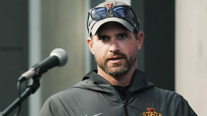 Iowa State football head coach Jimmy Rogers talks to media after first day practice at the university’s Stark Performance Center in Ames, Iowa.