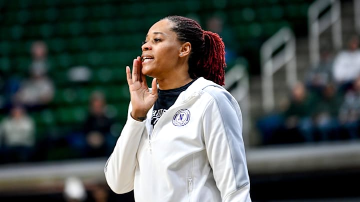 Northwestern's associate head coach Tangela Smith calls out to players during the first quarter in the game against Michigan State on Wednesday, Jan. 17, 2024, at the Breslin Center in East Lansing. Northwestern's associate head coach Tangela Smith calls out to players during the first quarter in the game against Michigan State on Wednesday, Jan. 17, 2024, at the Breslin Center in East Lansing.