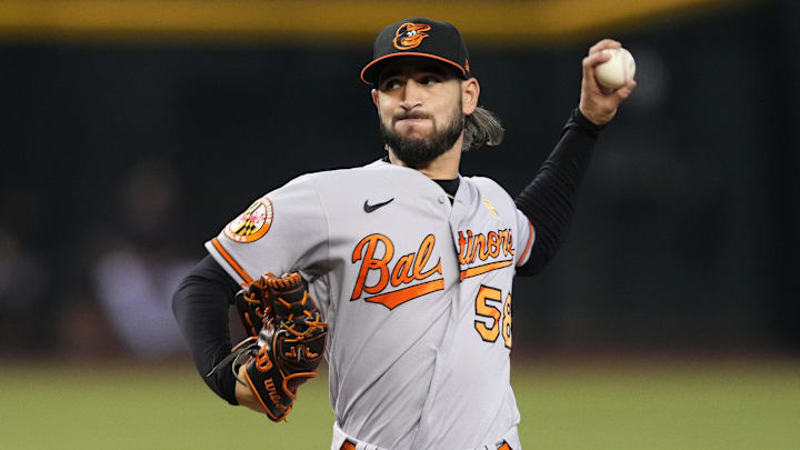 Sep 3, 2023; Phoenix, Arizona, USA; Baltimore Orioles relief pitcher Cionel Perez (58) pitches against the Arizona Diamondbacks